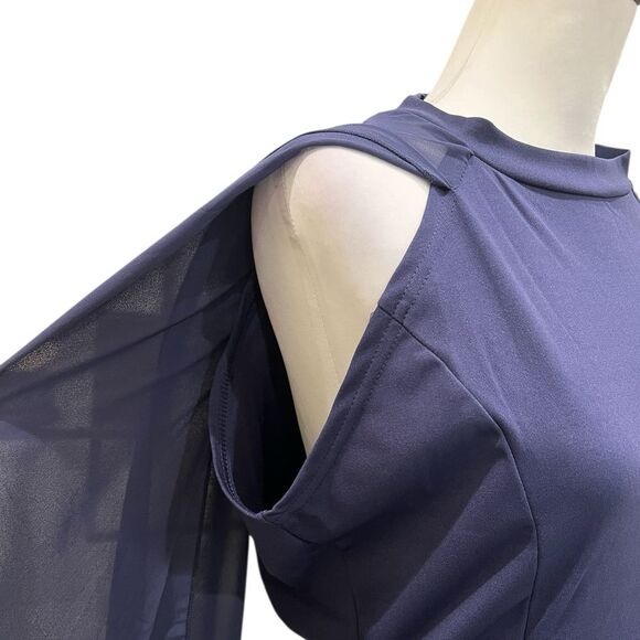 Evening Gown Chiffon Cape Sleeve Maxi Dress Slit Dark Blue Size Large NWOT - Picture 6 of 14